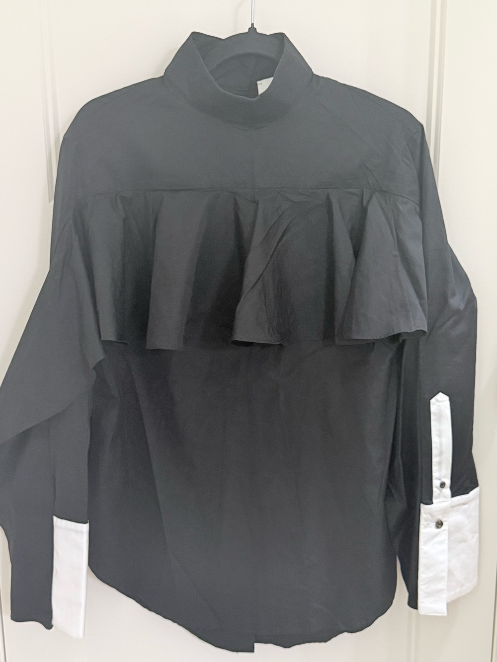 Neiman Marcus Black Blouse with White Cuff Accents and Front Ruffle